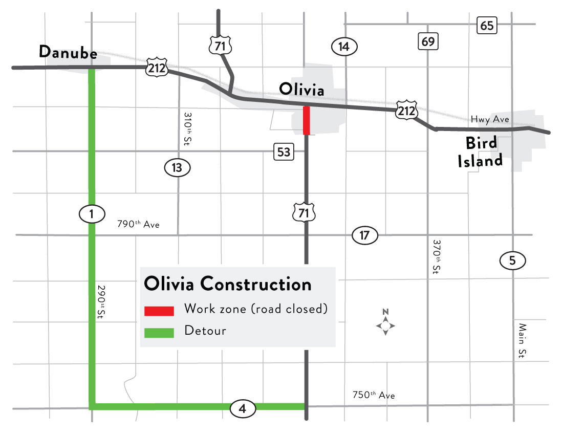 Map of Hwy 71 work zone in Olivia with area from Viking Drive to Hwy 212. Map also includes the detour.